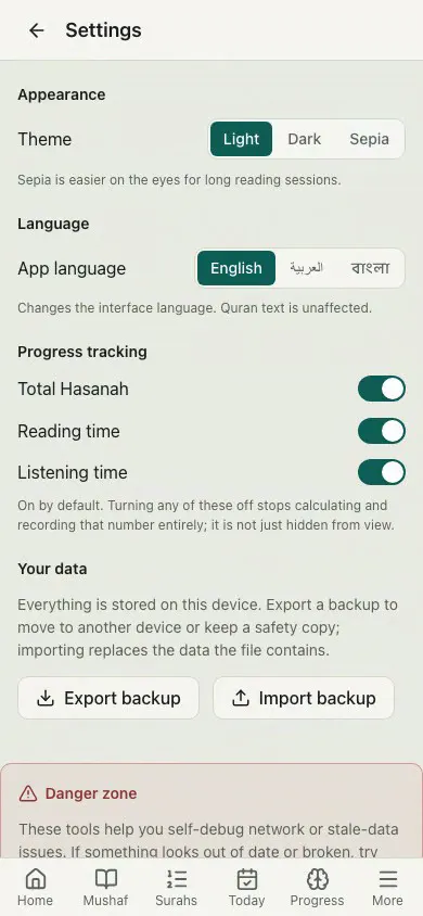 Demo: theme, language, and backing up your data